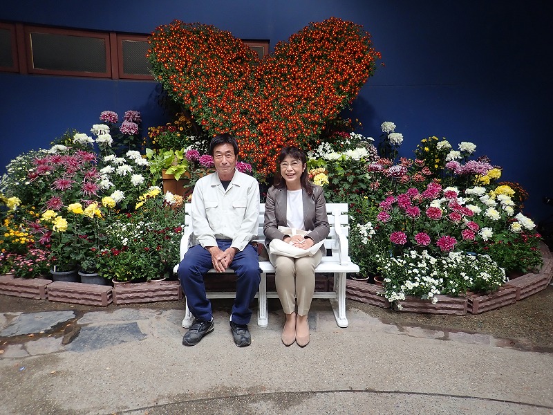 ハートの懸崖菊で記念撮影