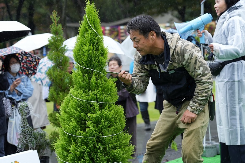雨の中ご好評いただいたプロの刈り込み実演